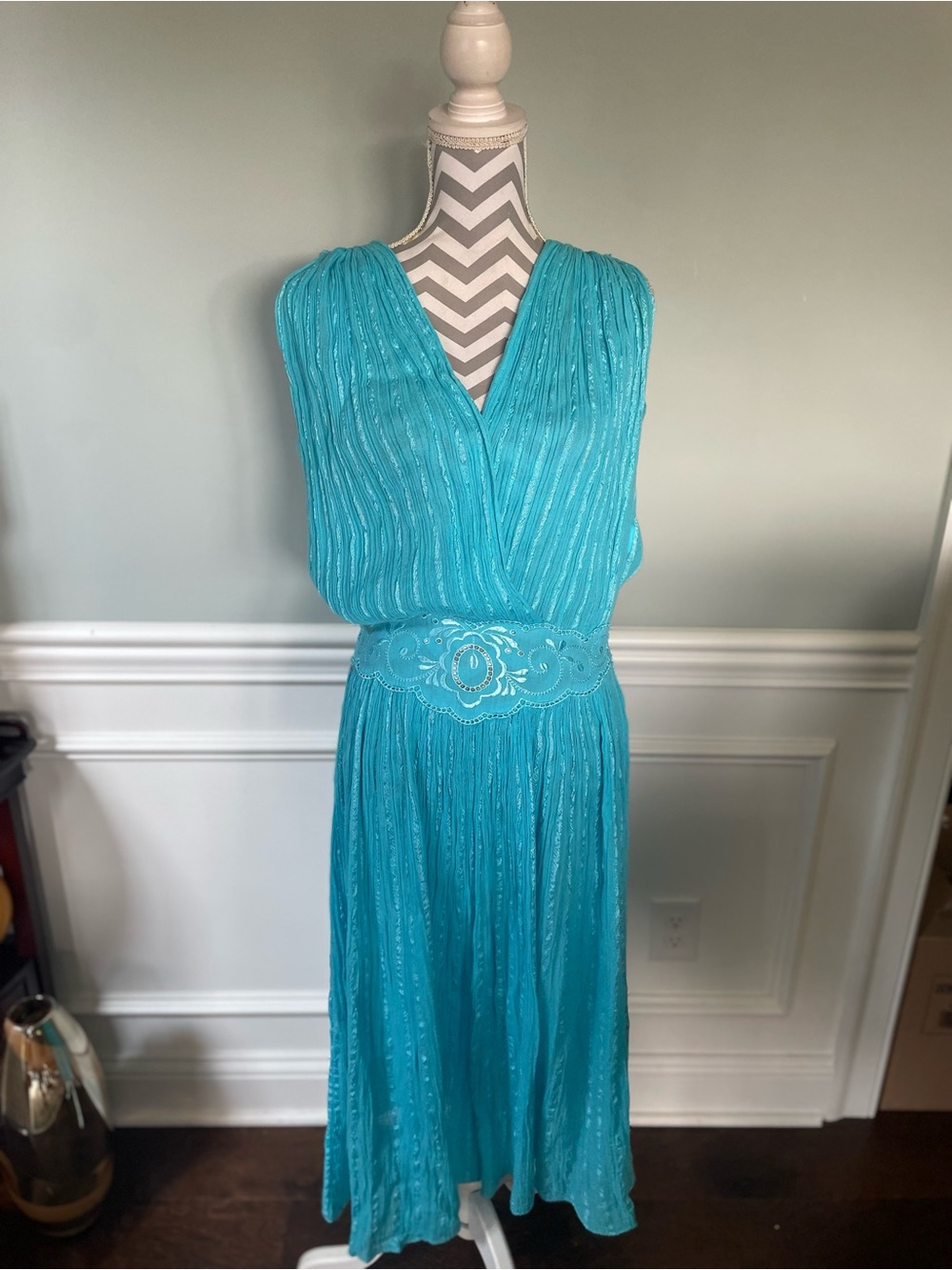 Made in Greece Turquoise Blue Pleated Embellished Waist Maxi Dress Size XL - Picture 3 of 9
